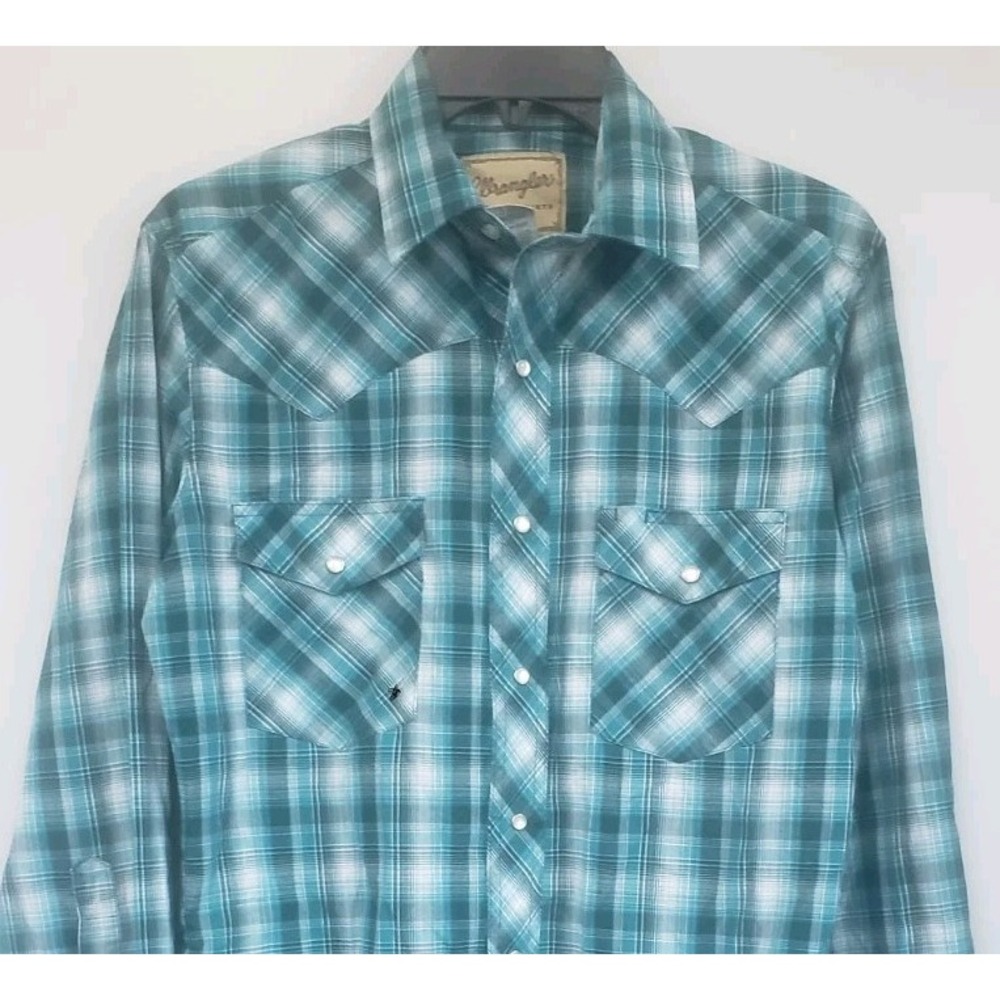 Wrangler Pearl Snap Mens Long Sleeve Button-Up Western Shirt Small Plaid Teal S